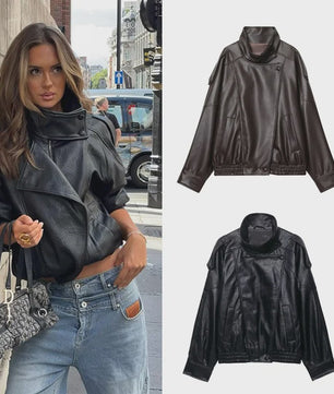 Chique Dames Faux Leren Jas - Veelzijdige Lange Mouwen Jas voor Herfst & Winter