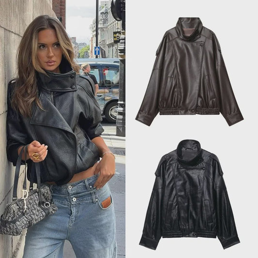 Chique Dames Faux Leren Jas - Veelzijdige Lange Mouwen Jas voor Herfst & Winter