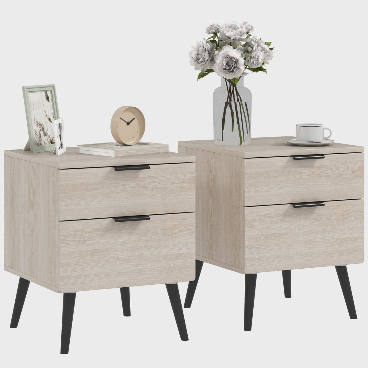Set van 2 Nachtkastjes in Scandinavische Stijl - Modern Design met Lades en Houten Poten
