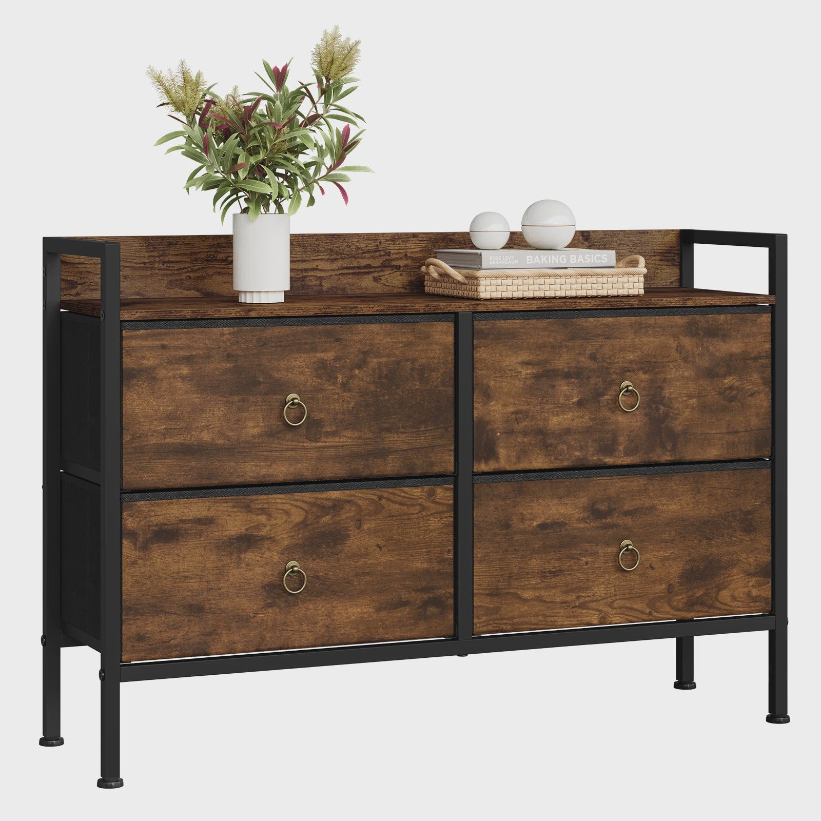 Vintage Bruine Ladekast met 4 Stoffen Lades - Stijlvolle Opbergkast voor Slaapkamer & Woonkamer