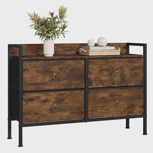 Vintage Bruine Ladekast met 4 Stoffen Lades - Stijlvolle Opbergkast voor Slaapkamer & Woonkamer