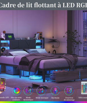 Gestoffeerd Dubbel Bedframe met 2 Lades en LED Verlichting - 140/160/180x200cm