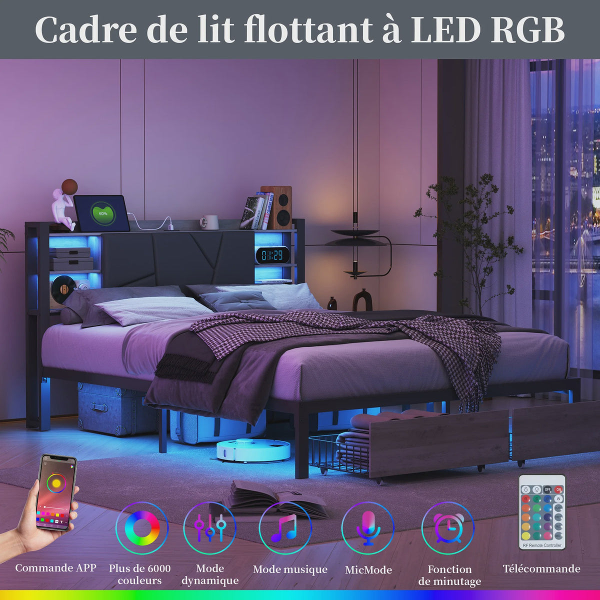 Gestoffeerd Dubbel Bedframe met 2 Lades en LED Verlichting - 140/160/180x200cm