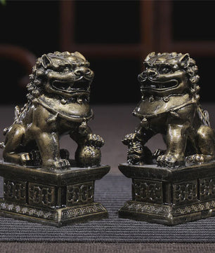 Set van 2 Chinese Leeuwen Beelden - Fu Dogs - Brons & Jade Steen Look