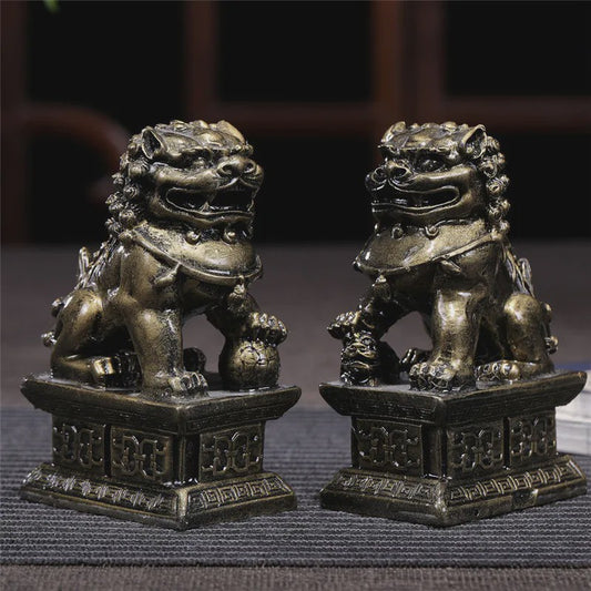 Set van 2 Chinese Leeuwen Beelden - Fu Dogs - Brons & Jade Steen Look