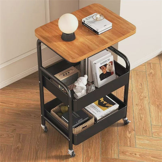3-Laags Metalen Trolley met Houten Tafelblad - Verrijdbaar Side Table voor Woonkamer, Badkamer of Keuken