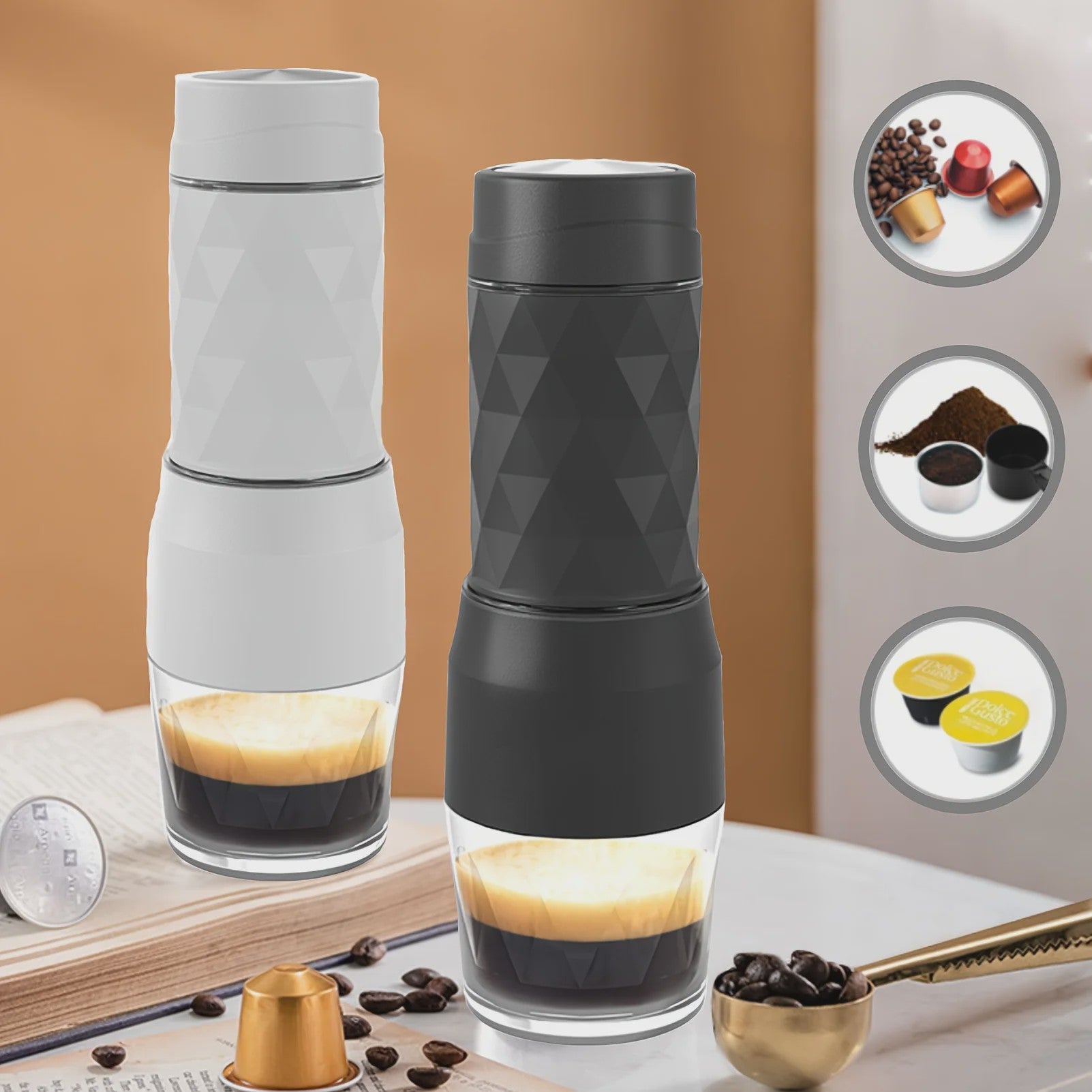 HOMEFISH 3-in-1 Draagbare Koffiemachine: Espresso, Capsules & Gemalen Koffie voor Onderweg
