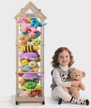 Wooden Cuddly Toy Storage, Stuffed Toy Storage with 360° Brake Equipped Wheels, 145 X 47 X 35 cm Plush Toy Storage for Playroom
