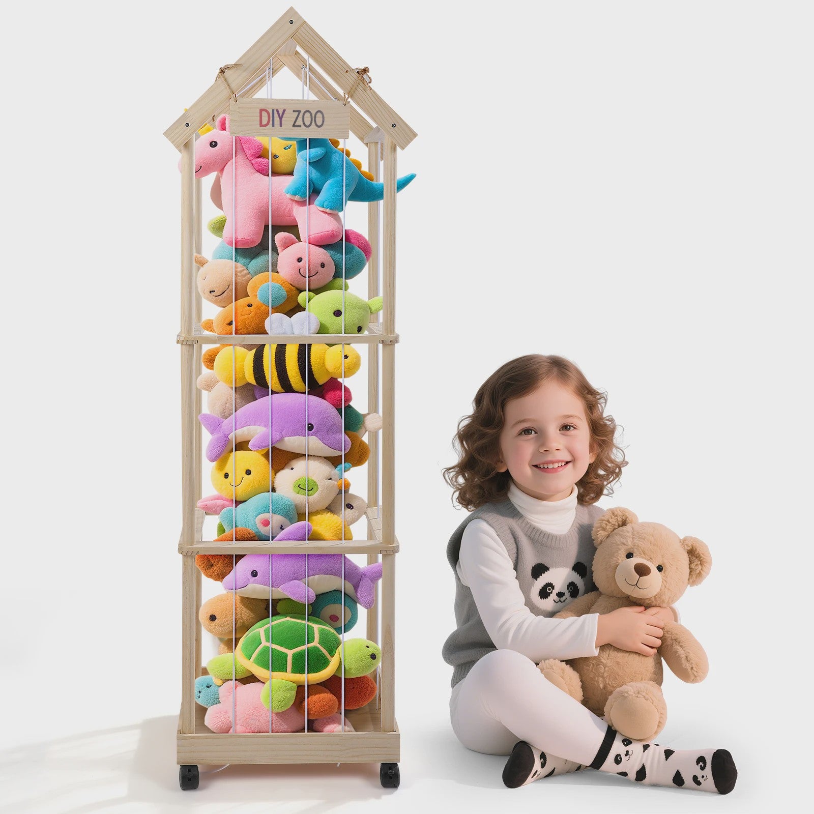 Wooden Cuddly Toy Storage, Stuffed Toy Storage with 360° Brake Equipped Wheels, 145 X 47 X 35 cm Plush Toy Storage for Playroom