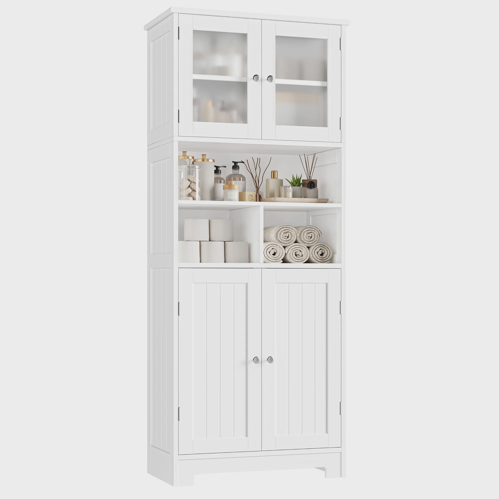 Hoge Houten Kast met 4 Deuren - Veelzijdige Opbergkast voor Badkamer of Keuken