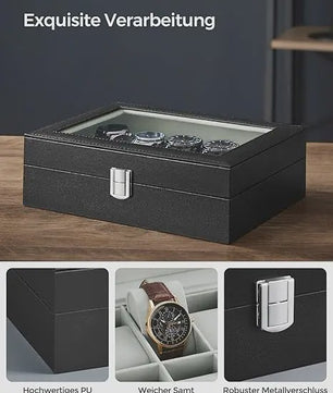 Luxe Horlogedoos met 10 Vakken, Glazen Deksel en Zachte Fluweel Voering - Perfecte Opslag voor Uw Collectie
