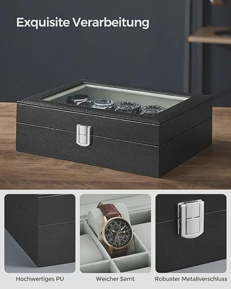 Luxe Horlogedoos met 10 Vakken, Glazen Deksel en Zachte Fluweel Voering - Perfecte Opslag voor Uw Collectie