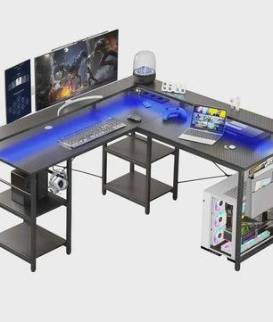L-vormige Gaming Bureau met RGB LED Verlichting, Geïntegreerde Stopcontacten en 4 Verstelbare Planken