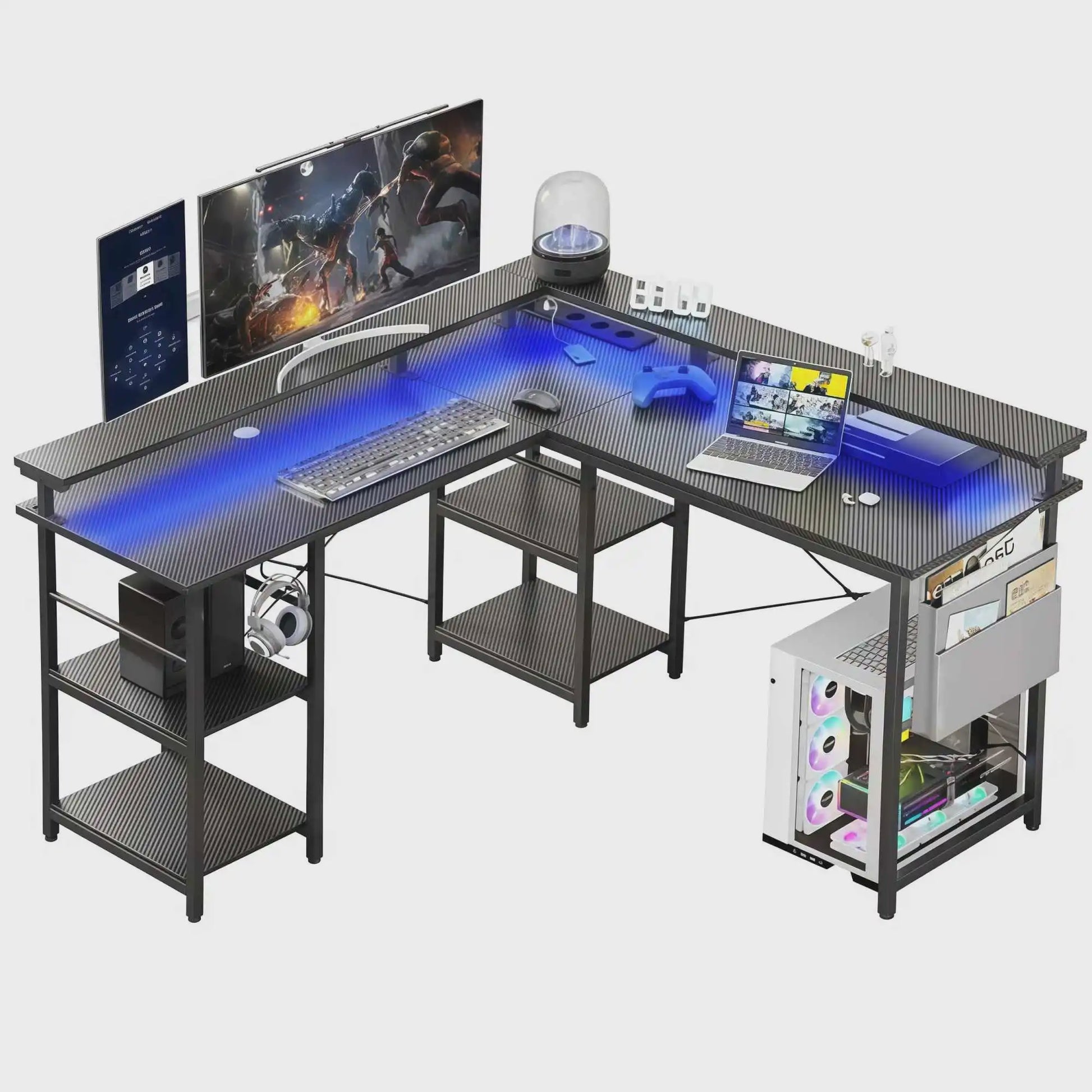 L-vormige Gaming Bureau met RGB LED Verlichting, Geïntegreerde Stopcontacten en 4 Verstelbare Planken