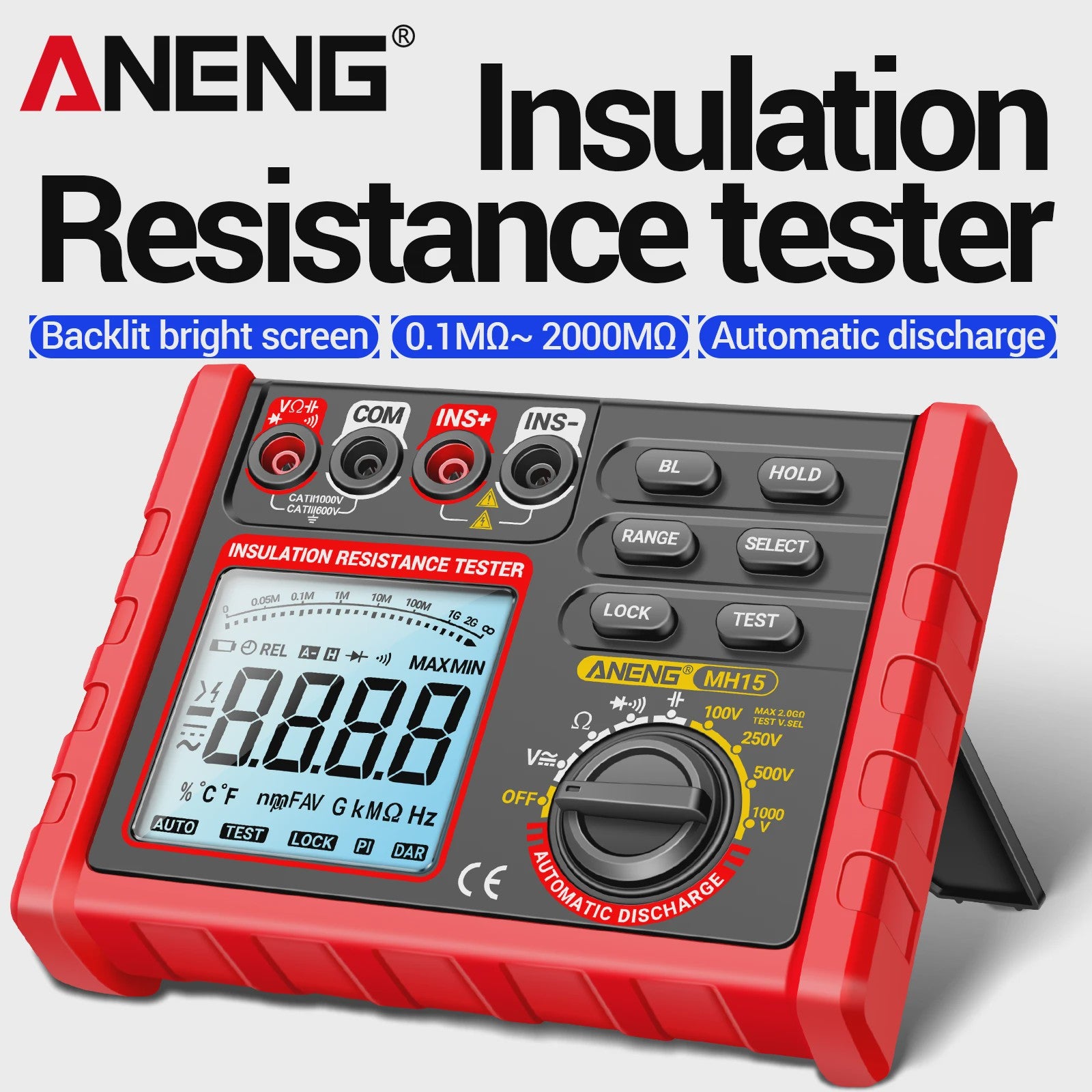 ANENG MH15 Digitale Isolatiemeter - 6000 Counts Weerstandsmeter met 100V/250V/500V/1000V Testspanning