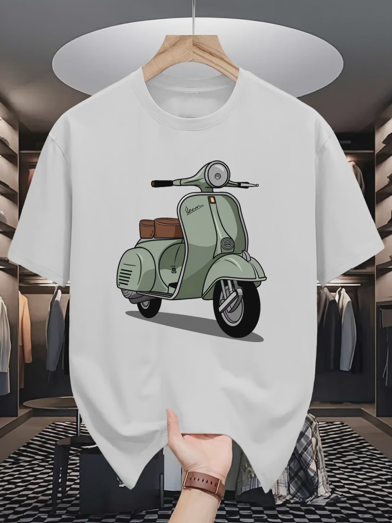 Herentrui Casual Sportief T-shirt met Zachte Gebreide Stof en Opvallende Scooterprint