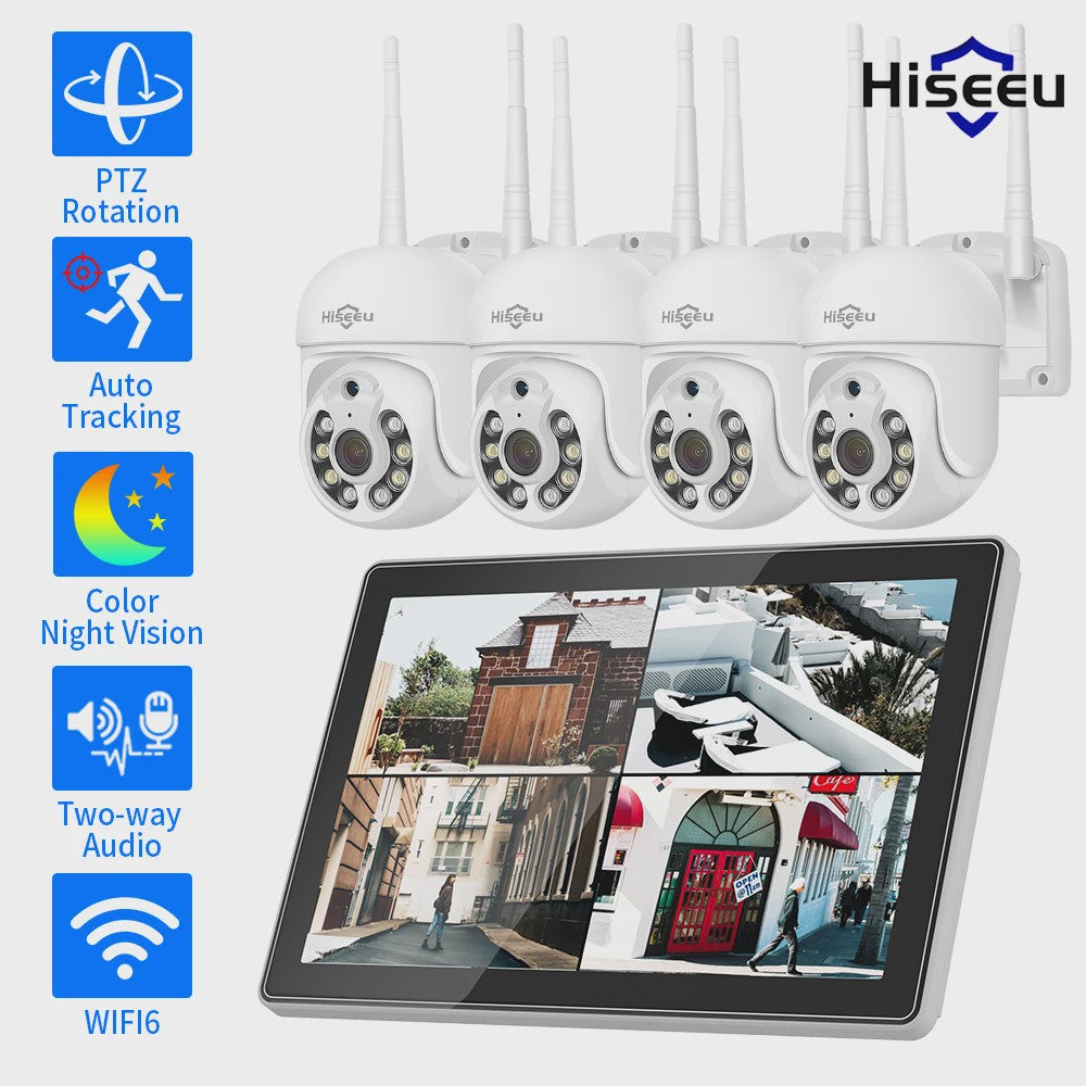 Hiseeu Draadloze Beveiligingscamera Kit met 10.1" Monitor - 3/5MP Outdoor IP Camera Systeem