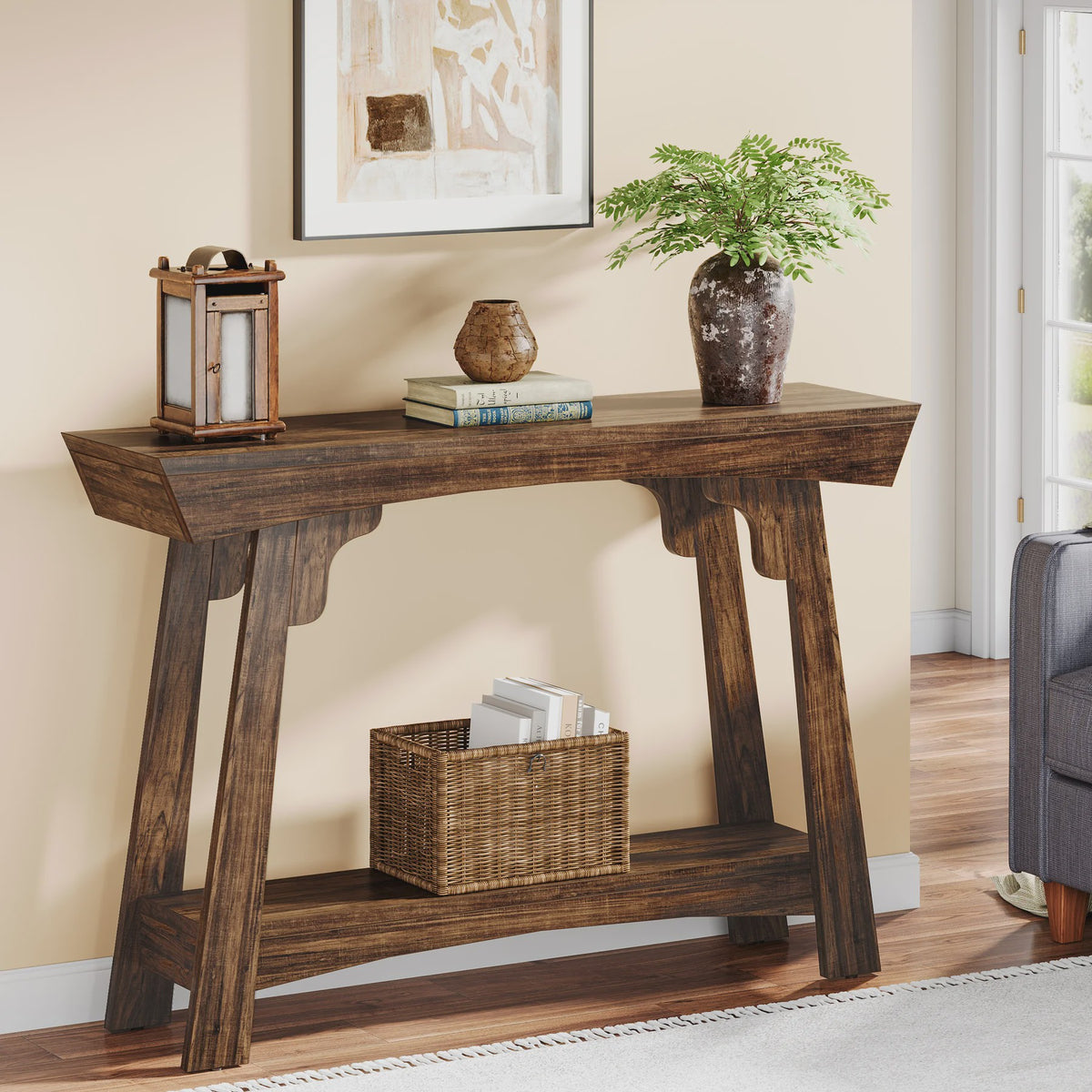 Houten Console Tafel met Opbergplank - Smalle Haltafel in Boerderijstijl