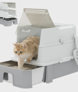 Pawhut Roestvrij Staal Kattenbak met Lade - Verwijderbaar Deksel, Inclusief Schep & Filter - 60x40x45cm, Grijs