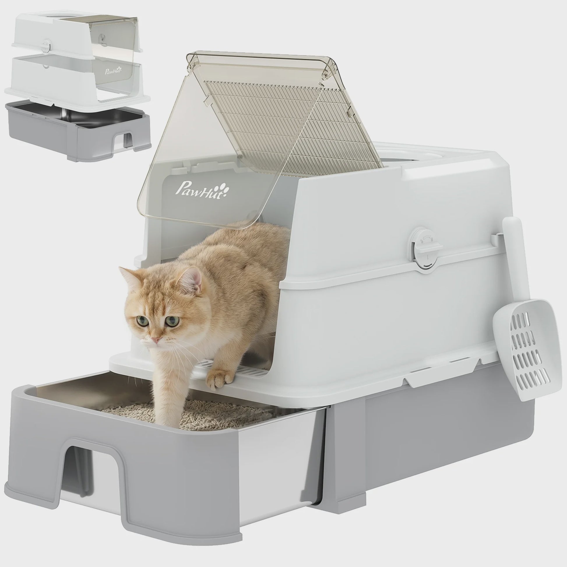 Pawhut Roestvrij Staal Kattenbak met Lade - Verwijderbaar Deksel, Inclusief Schep & Filter - 60x40x45cm, Grijs