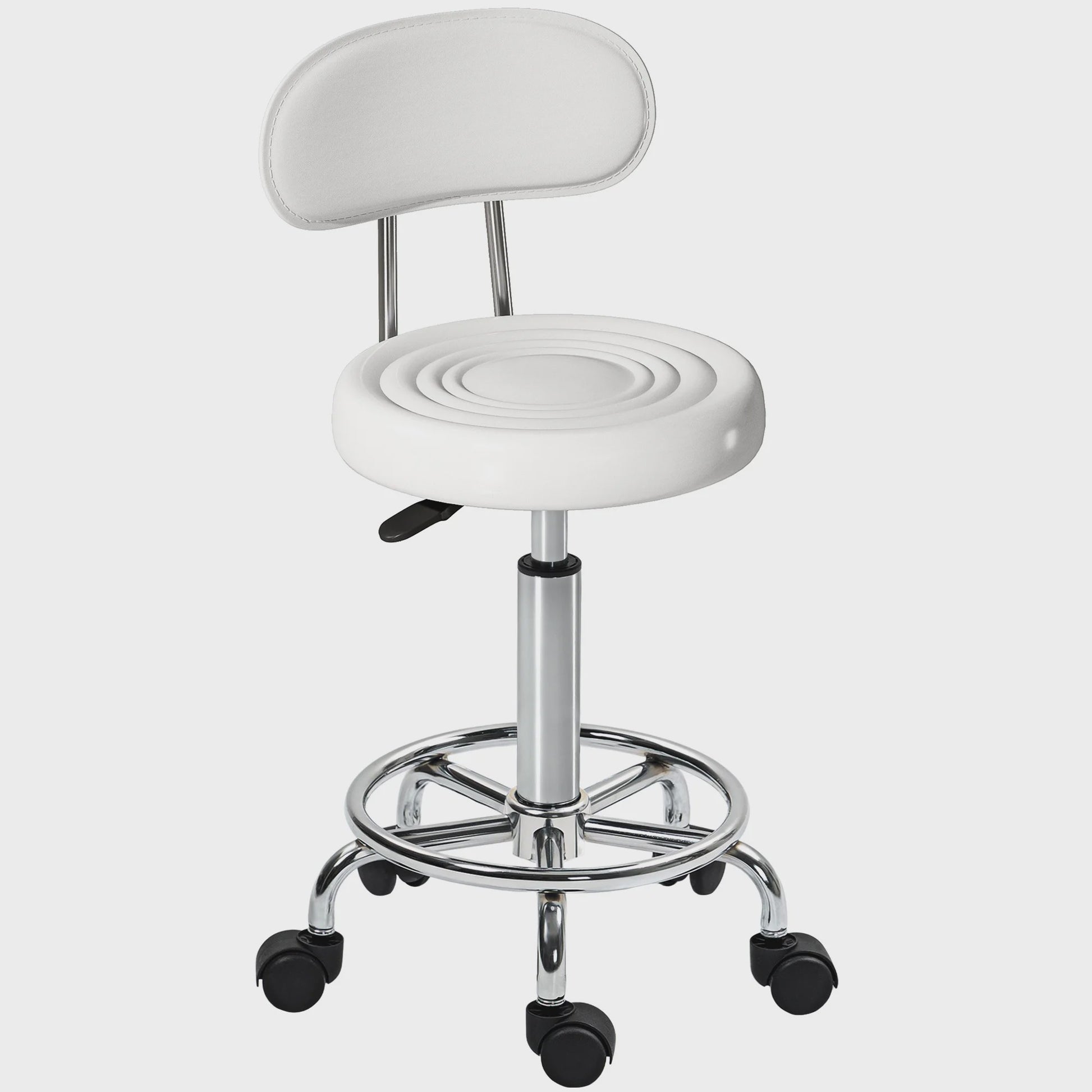 Verstelbare Draaibare Kruk met Rugleuning en Wielen - Wit - Ideaal voor Salon & Studio