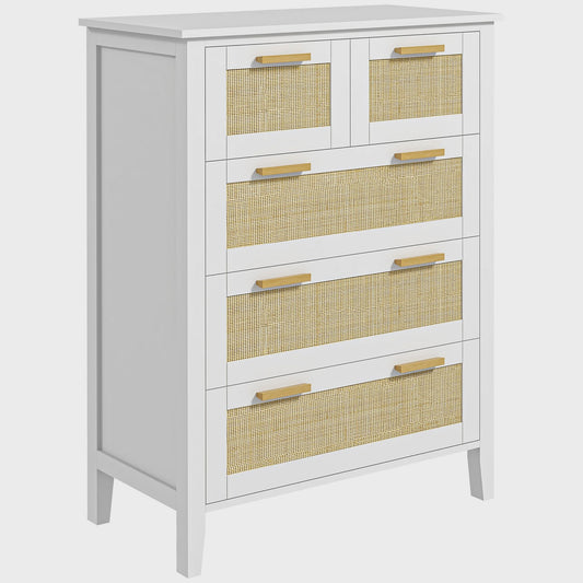 Stijlvolle Commode met 5 Lades en Rotan Fronten - Ideaal voor Woonkamer, Slaapkamer of Kantoor