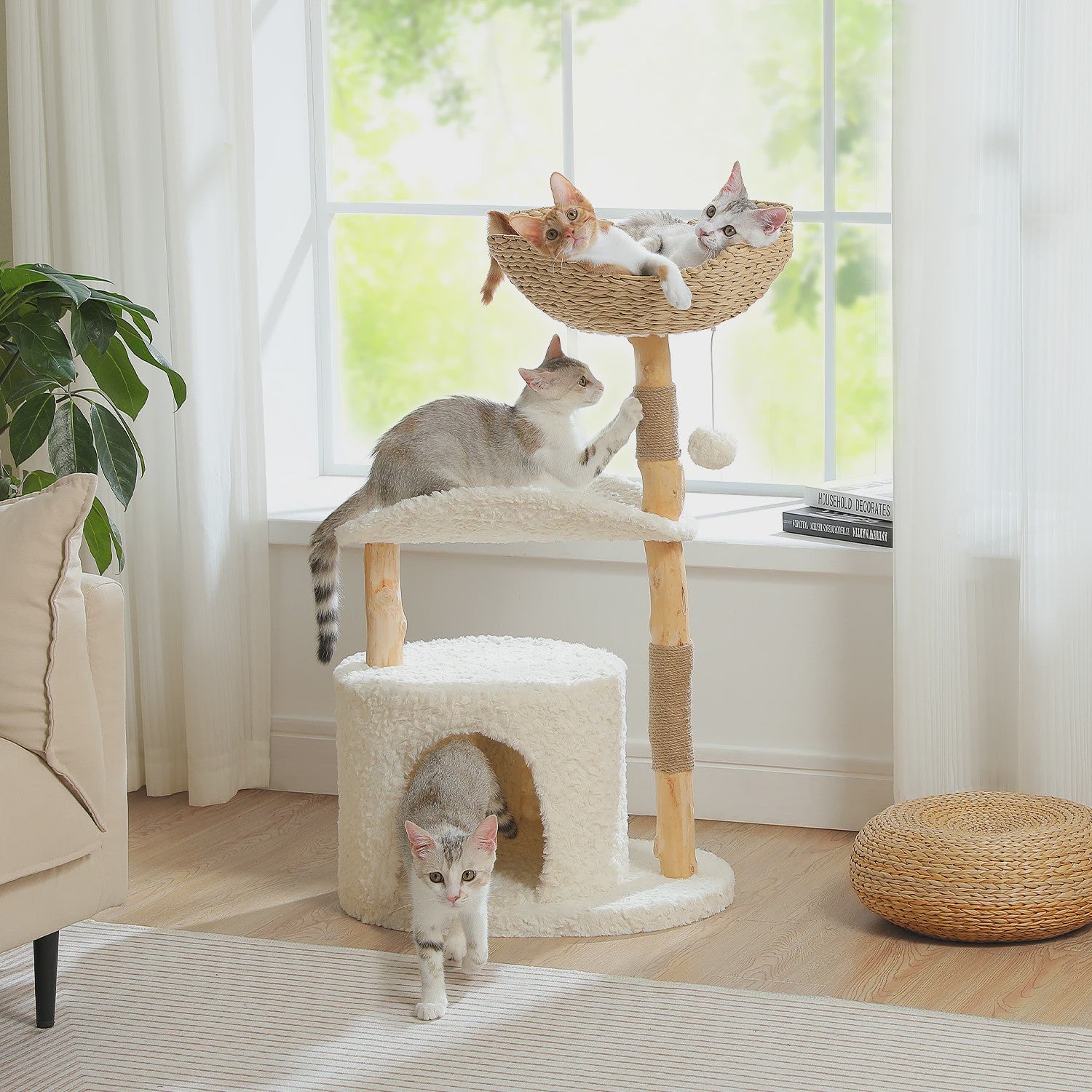 Luxe Kattenboom met Natuurlijk Hout, Wicker Mand & Krabpalen - Comfortabel Kattenhuis