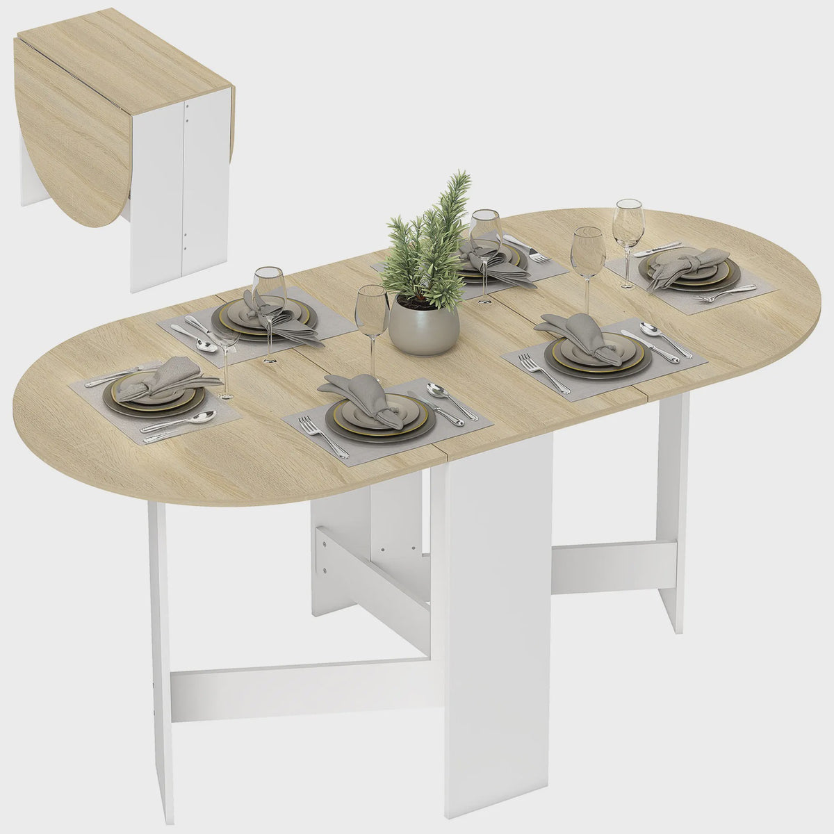 Homcom Ovalen Eettafel met Klapvleugels - 163x80x75 cm - Naturel Houtkleur