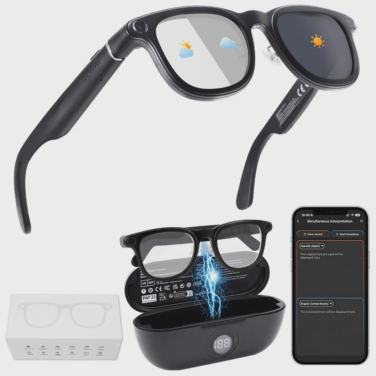 AI Smart Bril met Camera: Vertaling, Foto/Video, 3600mAh Batterij & WiFi/BT