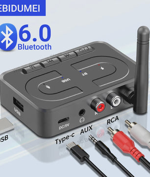 Bluetooth 6.0 Audio Receiver: Draadloze Muziek & HD Calls voor Auto, Speaker & Versterker via USB/AUX/RCA