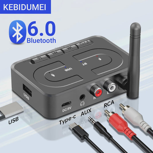 Bluetooth 6.0 Audio Receiver: Draadloze Muziek & HD Calls voor Auto, Speaker & Versterker via USB/AUX/RCA