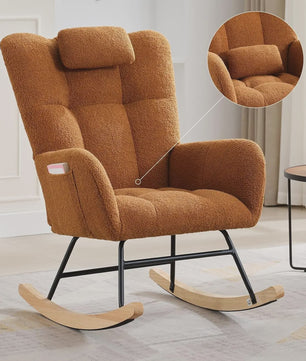 Zachte Bouclé Babymassage Schommelstoel - Gestoffeerde Fauteuil met Hoge Rug & Zijvak