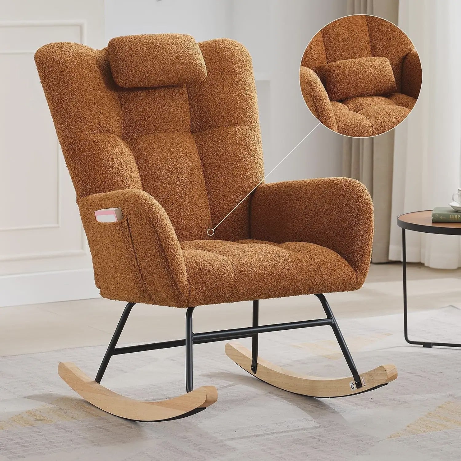 Zachte Bouclé Babymassage Schommelstoel - Gestoffeerde Fauteuil met Hoge Rug & Zijvak