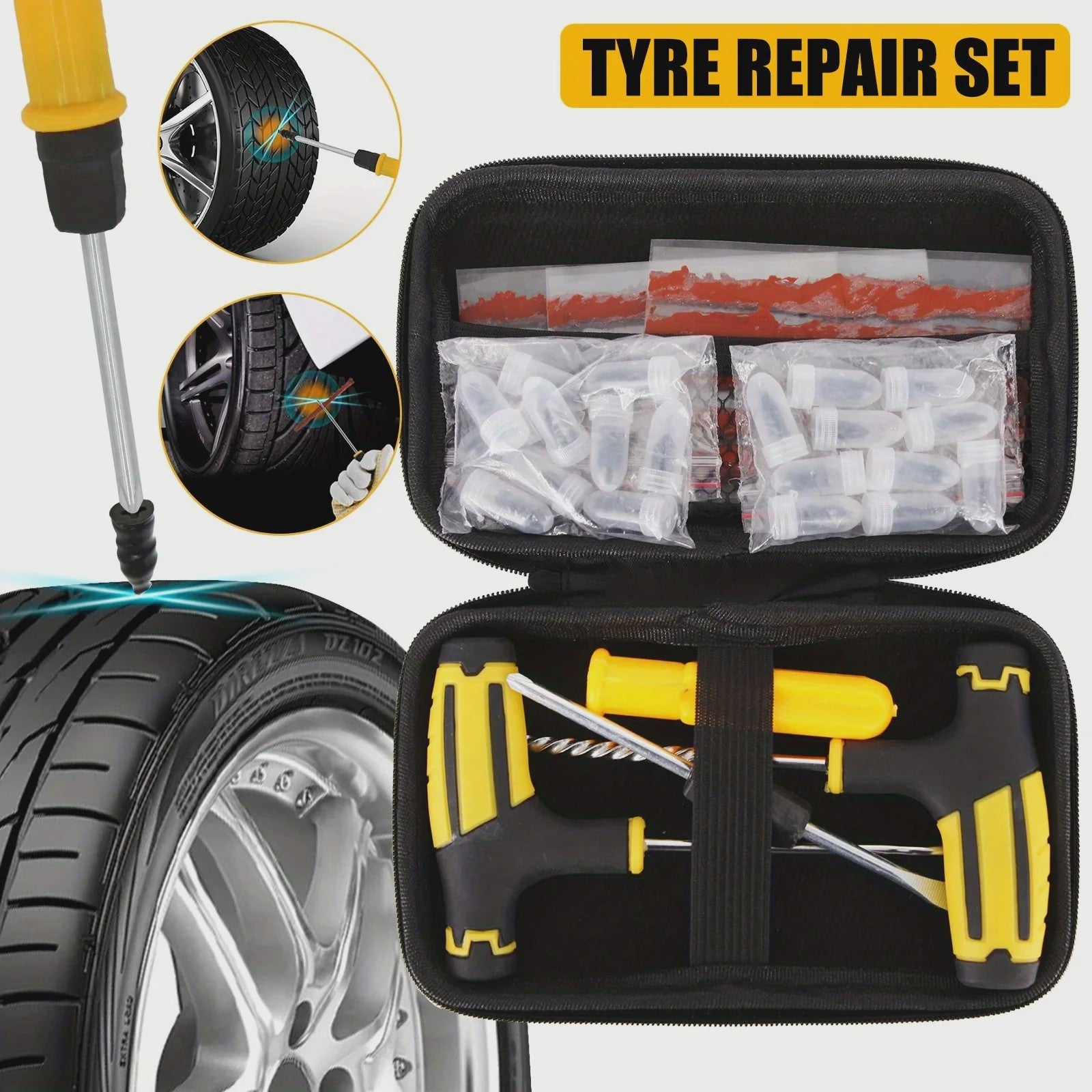 Universele Bandenreparatieset met Gereedschap en Plakstrips - Noodreparatie voor Auto, Motor, Fiets