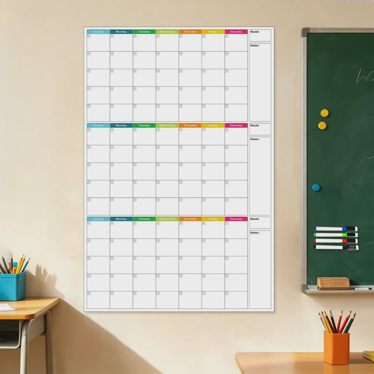 Herbruikbare Driemaanden Whiteboard Kalender & Planbord - OngeДата Wandplanner met 4 Markers