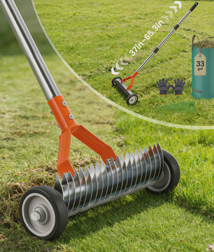 Detachable Lawn Rake With Roller Garden Courtyard Grass Rake Lawn Maintenance Tool With Gloves, 33 Gallons Garbage Bag