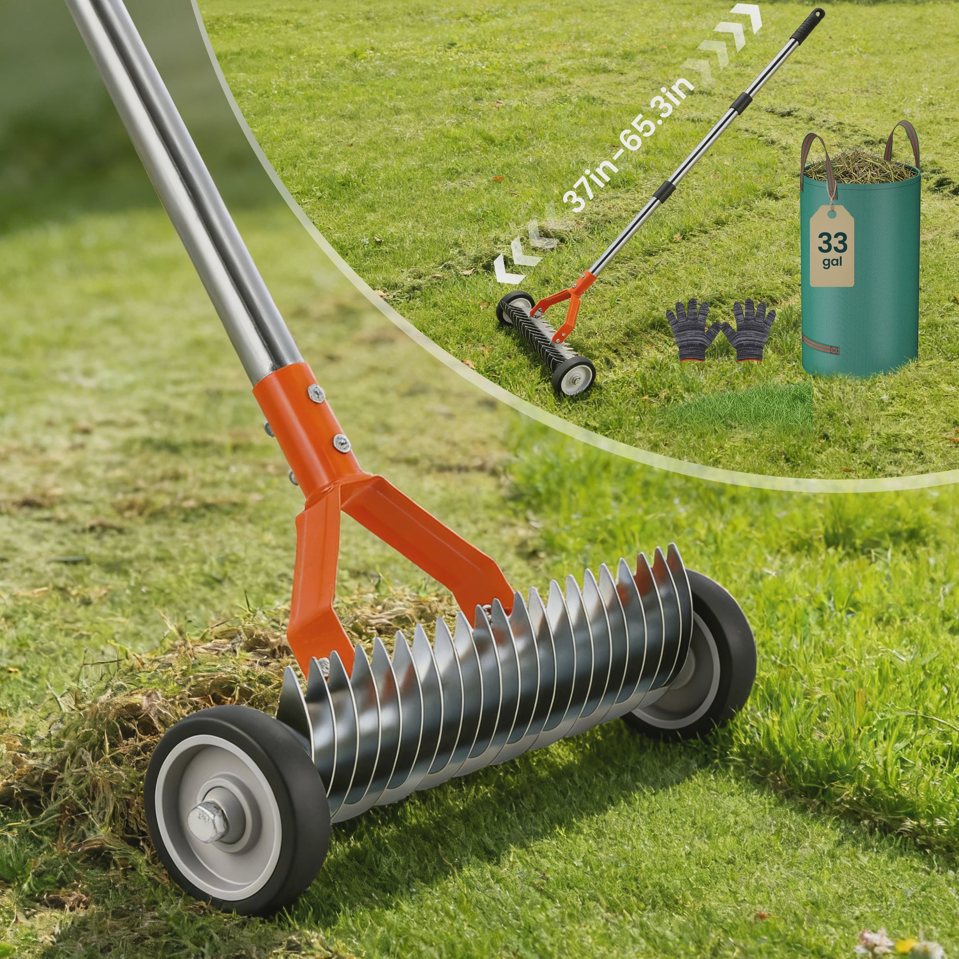 Detachable Lawn Rake With Roller Garden Courtyard Grass Rake Lawn Maintenance Tool With Gloves, 33 Gallons Garbage Bag