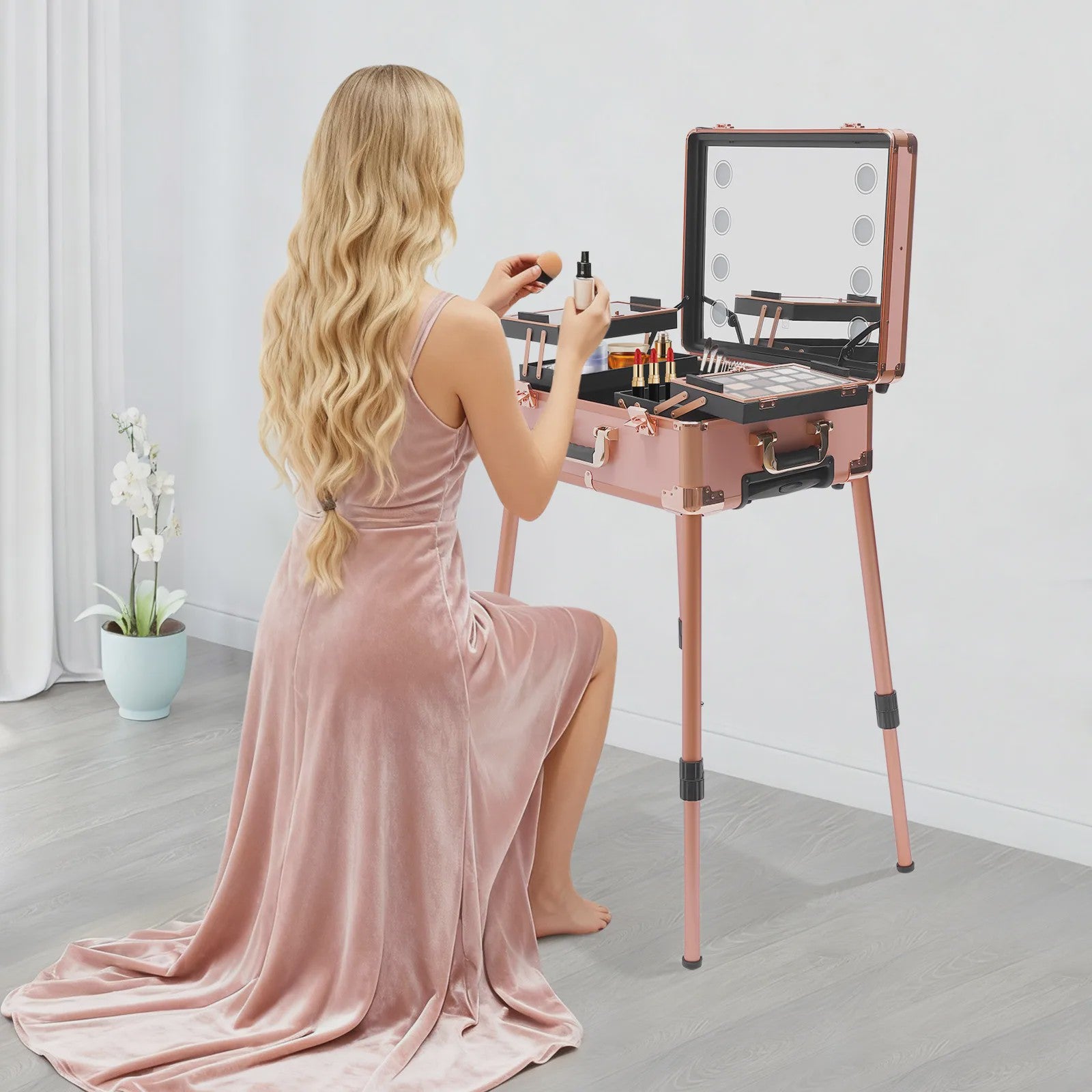 Mobiele Make-up Studio met LED Verlichting, Verstelbaar Statief & Wielen