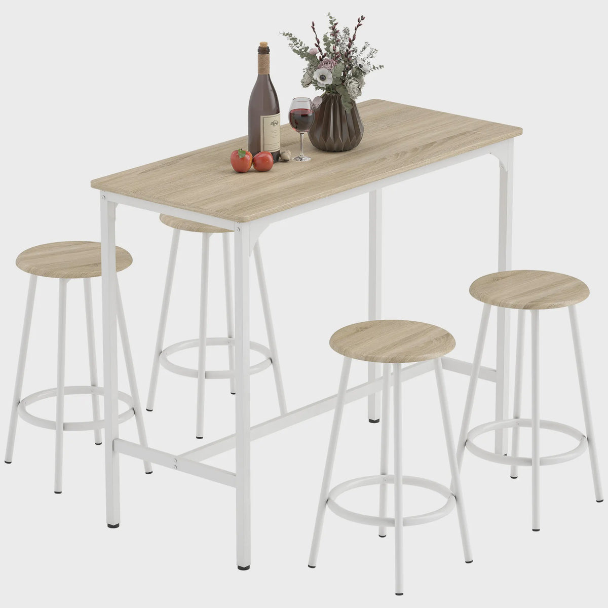 Homcom 5-Piece Bar Table and Chairs Set with Natural and White Metal Frame