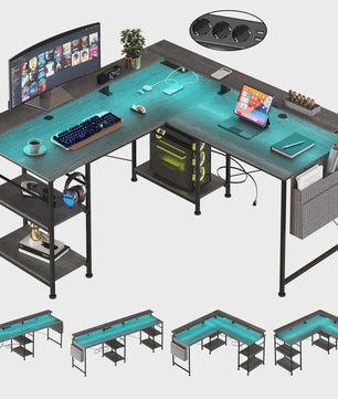 L-Vormig Bureau met RGB LED, USB & Stopcontacten - Grijze/Zwarte Gaming Werkplek