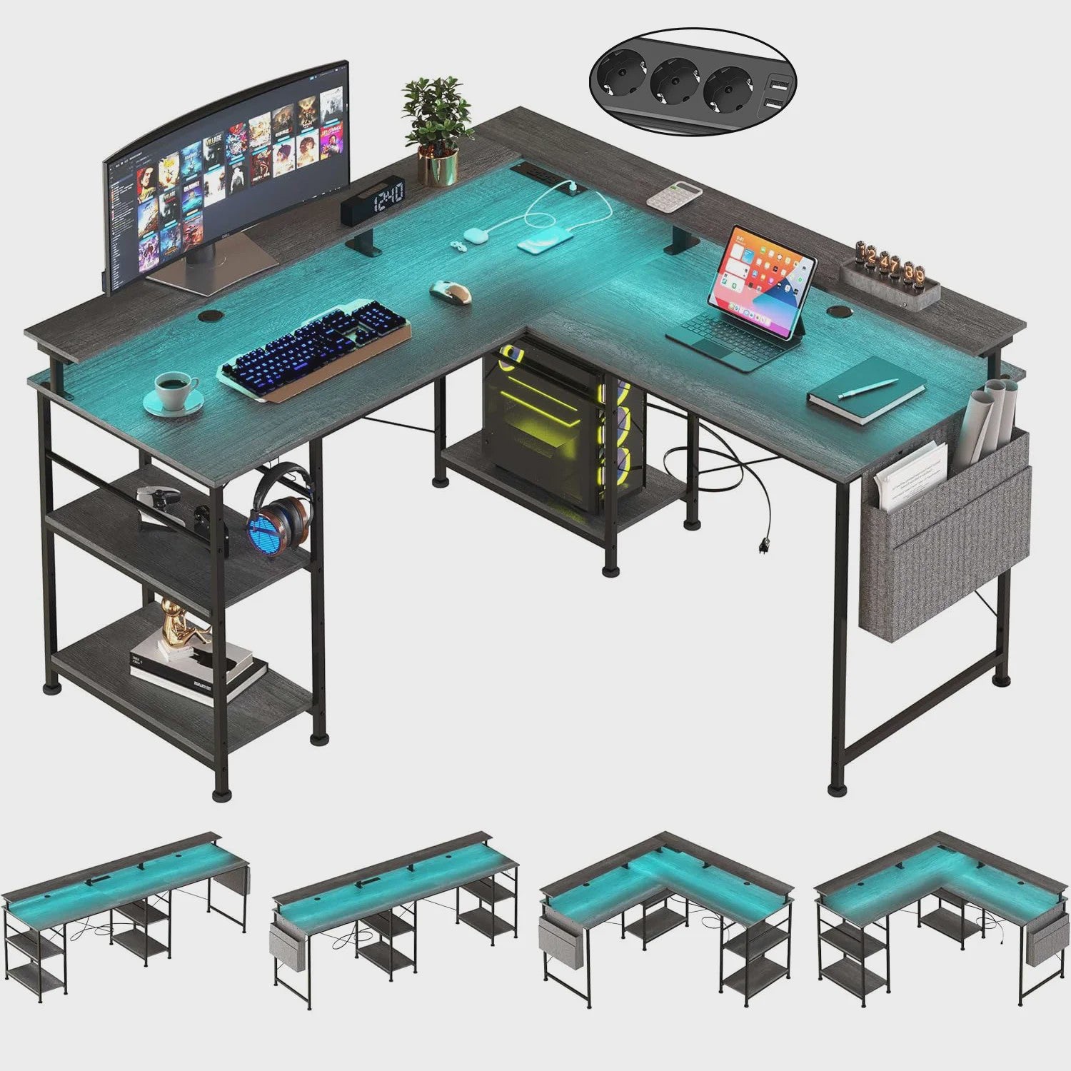 L-Vormig Bureau met RGB LED, USB & Stopcontacten - Grijze/Zwarte Gaming Werkplek