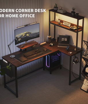 L-vormig Gaming Bureau met LED Verlichting, Stopcontacten en Monitorstandaard