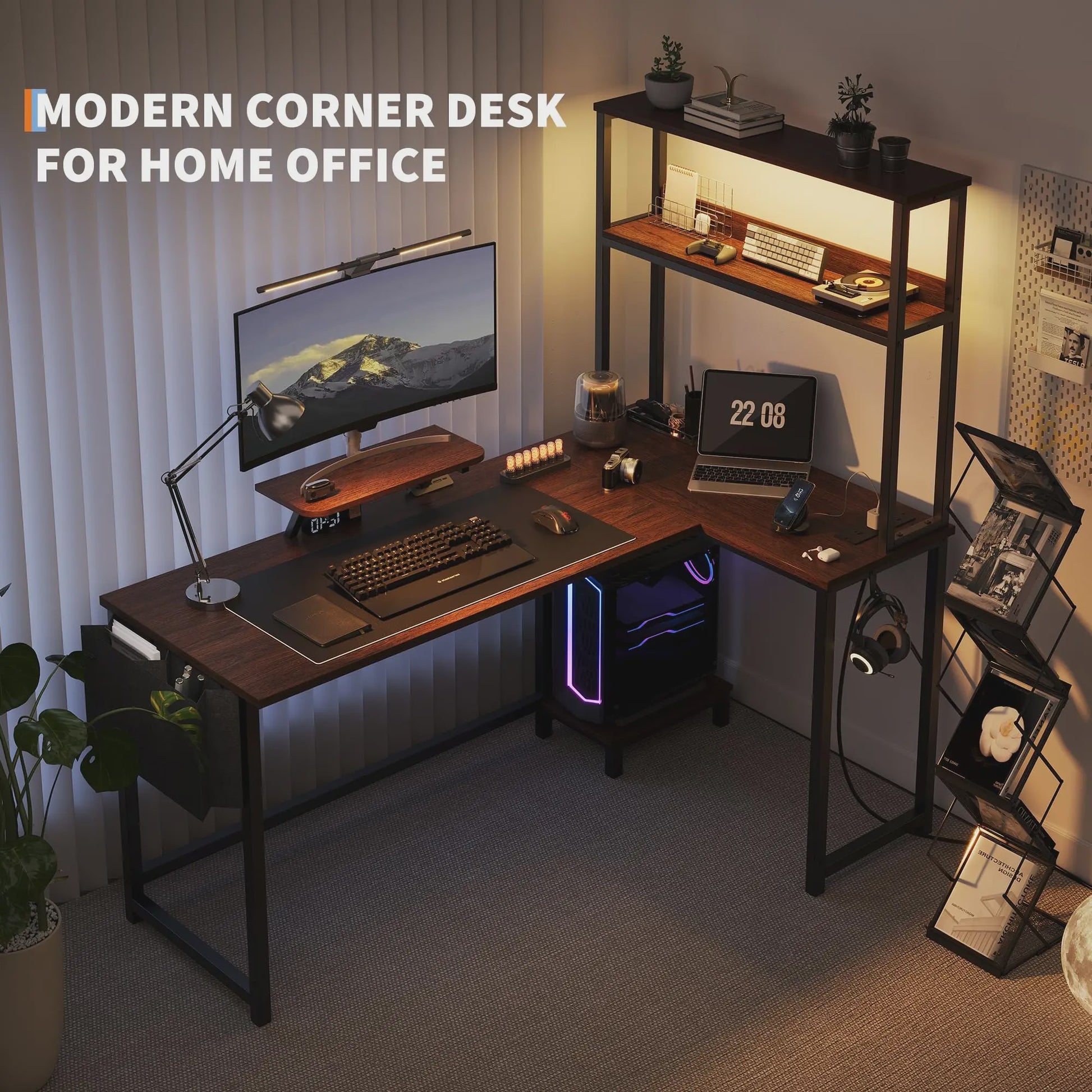L-vormig Gaming Bureau met LED Verlichting, Stopcontacten en Monitorstandaard