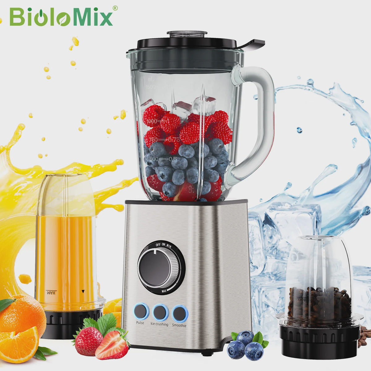 BioloMix 3-in-1 Blender: Krachtige 1300W Smoothie Maker, Grinder & Babyvoeding Blender