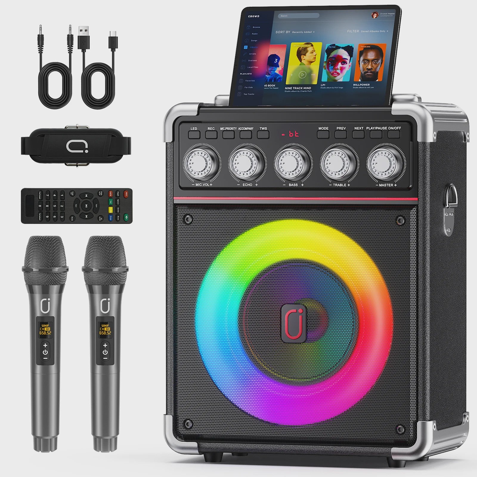 TX05 Karaoke Machine met 2 Draadloze Microfoons & RGB Licht