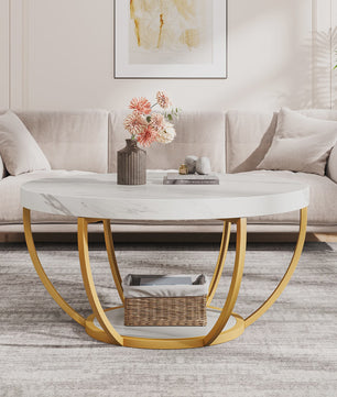 Ronde Marmerlook Salontafel met Gouden Onderstel - 32 inch, 2 Niveaus