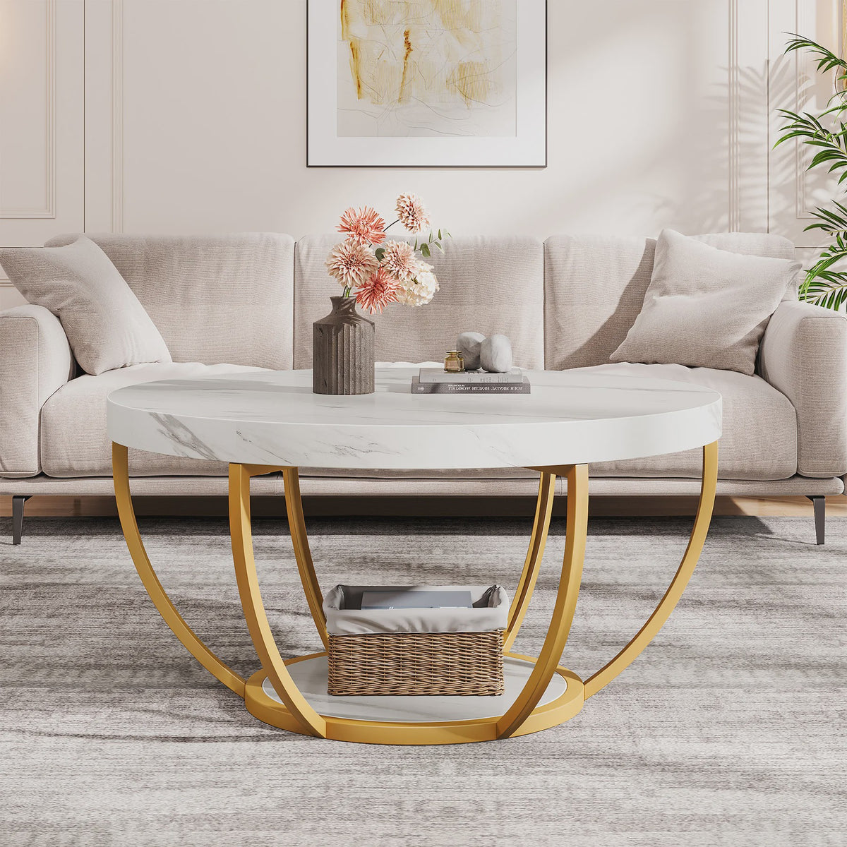 Ronde Marmerlook Salontafel met Gouden Onderstel - 32 inch, 2 Niveaus