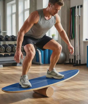 Houten Balance Board Trainer met Kurken Roller & Opbergrek - Blauw