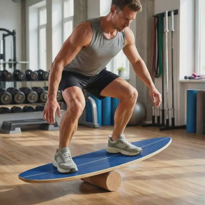 Houten Balance Board Trainer met Kurken Roller & Opbergrek - Blauw