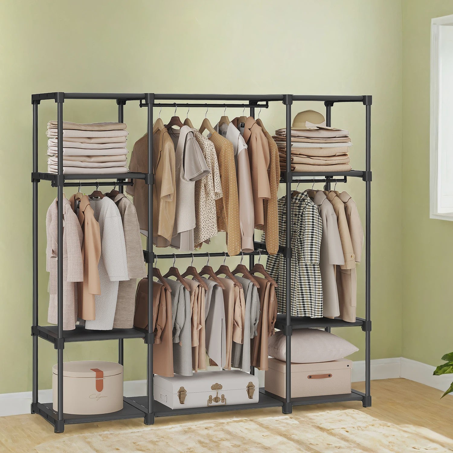 SONGMICS Open Kledingrek met Garderobestang en Legplanken - Zwart, 43x151x166 cm